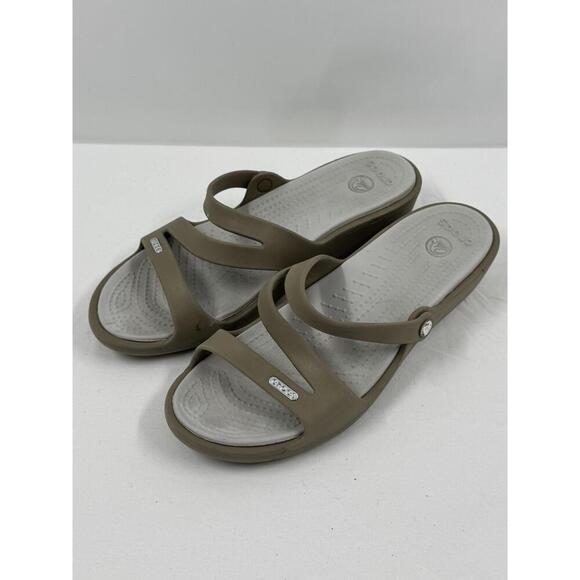 Crocs Beige Dual Strap Slide Sandals Unisex Logo Slip On W9 - Picture 2 of 6